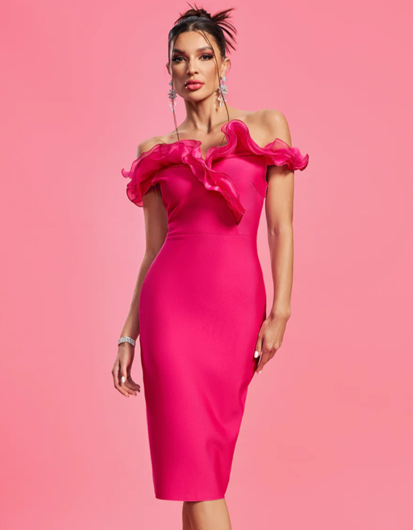 Rose Off Shoulder Ruffle Bandage Dress - Aniiiqa